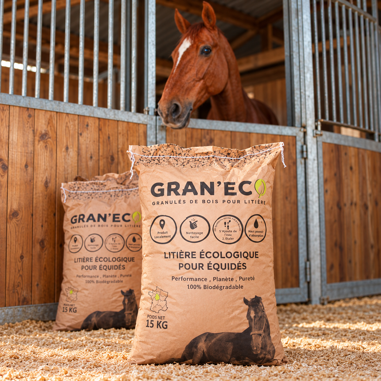 Sac de litière Gran’Eco pour équidés dans un box avec un cheval.